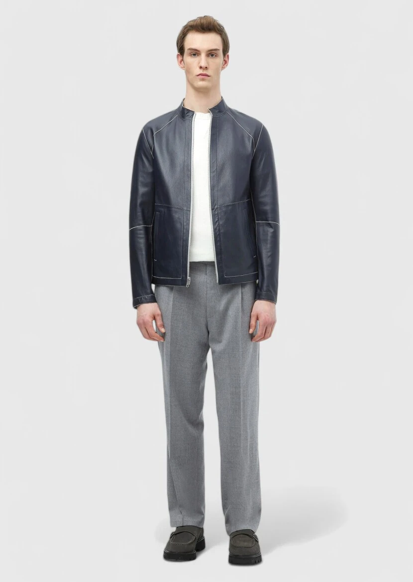 Light Grey Regular Fit Turtleneck Casual Suede Double-Sided Leather Coat - 4