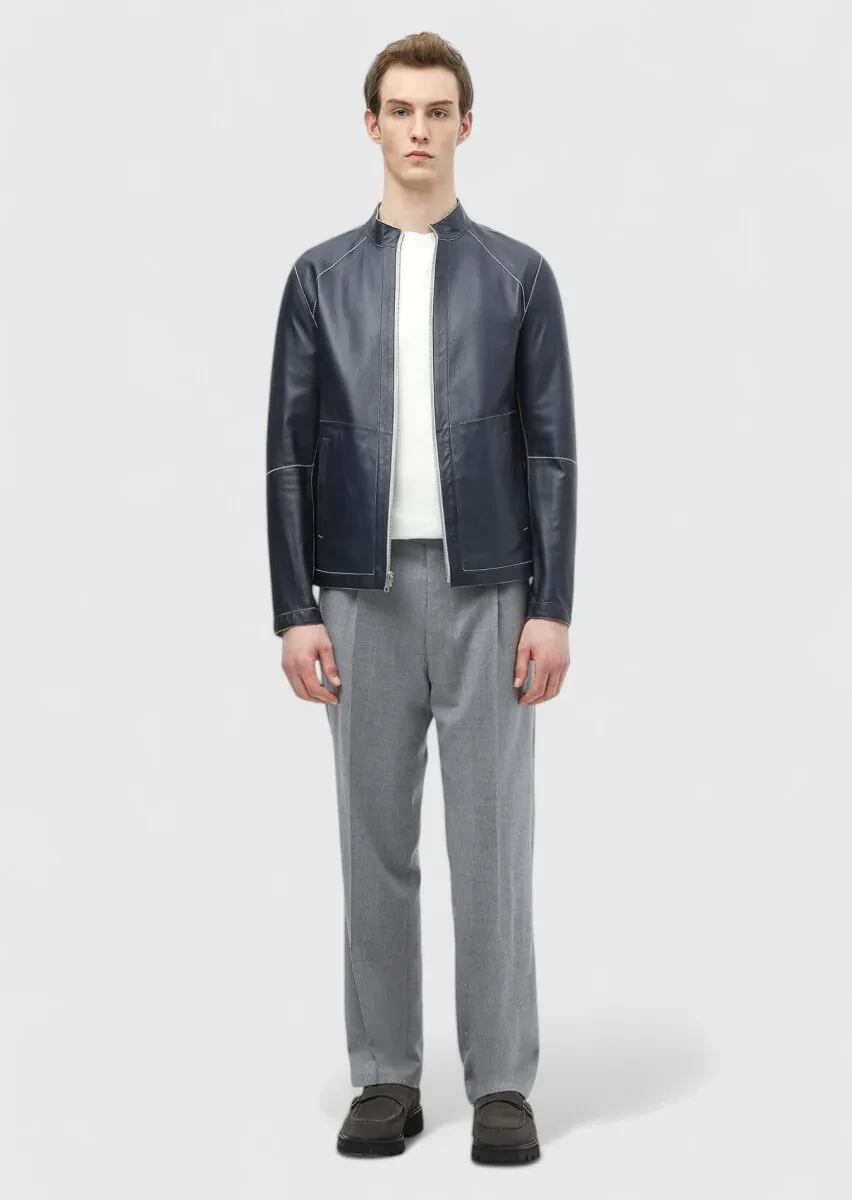 Light Grey Regular Fit Turtleneck Casual Suede Double-Sided Leather Coat - 4