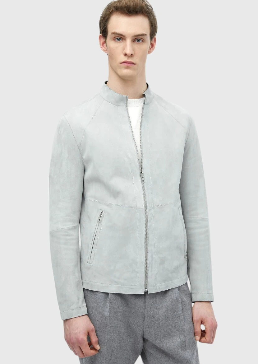 Light Grey Regular Fit Turtleneck Casual Suede Double-Sided Leather Coat - 5