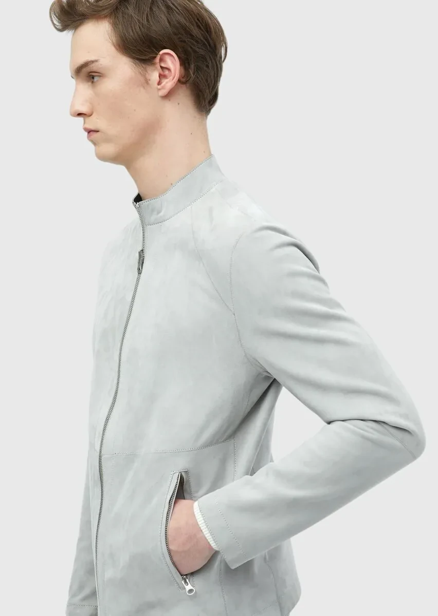 Light Grey Regular Fit Turtleneck Casual Suede Double-Sided Leather Coat - 7