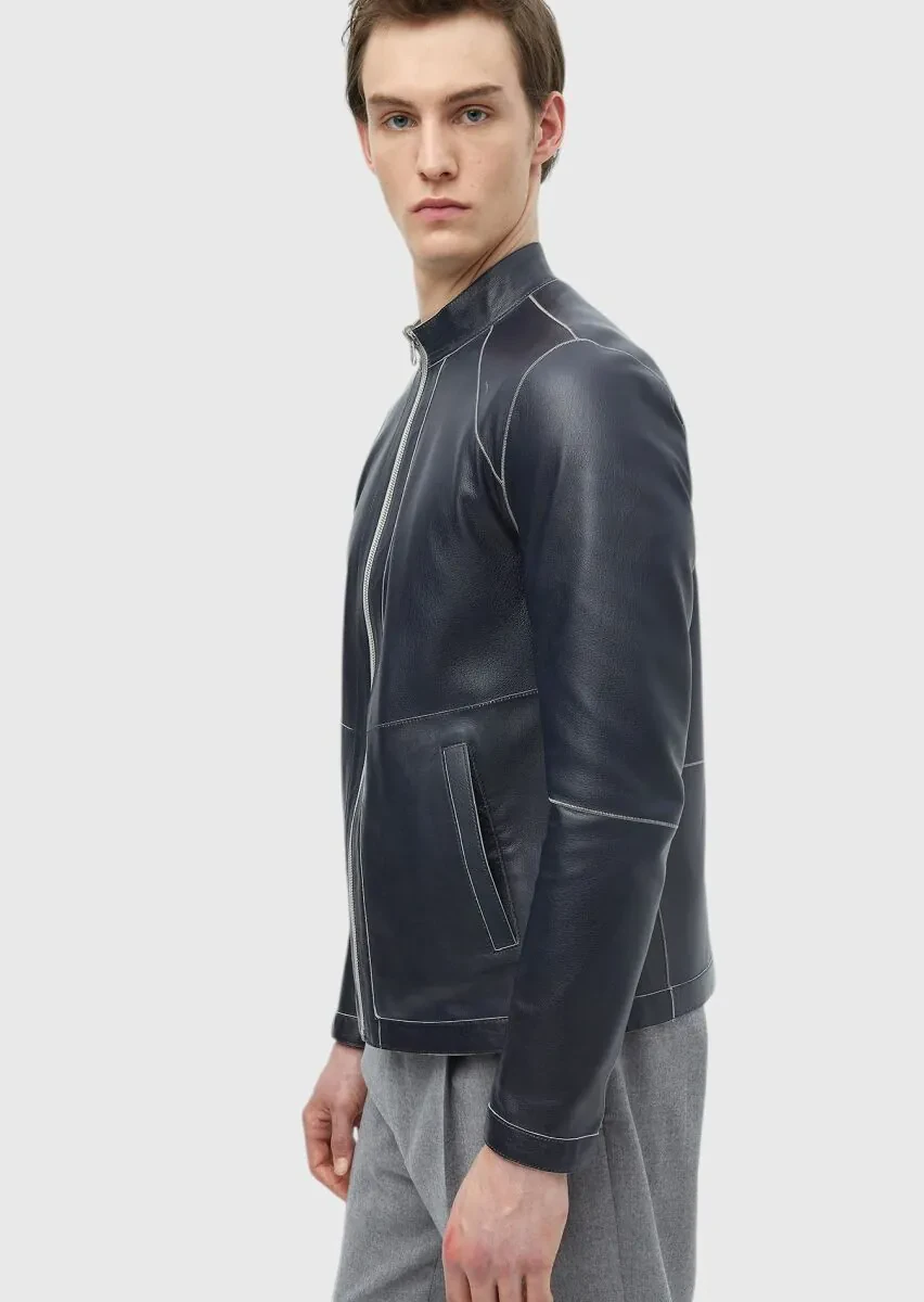 Light Grey Regular Fit Turtleneck Casual Suede Double-Sided Leather Coat - 8