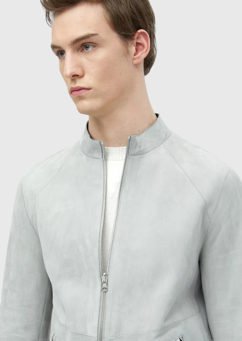 Light Grey Regular Fit Turtleneck Casual Suede Double-Sided Leather Coat - 9