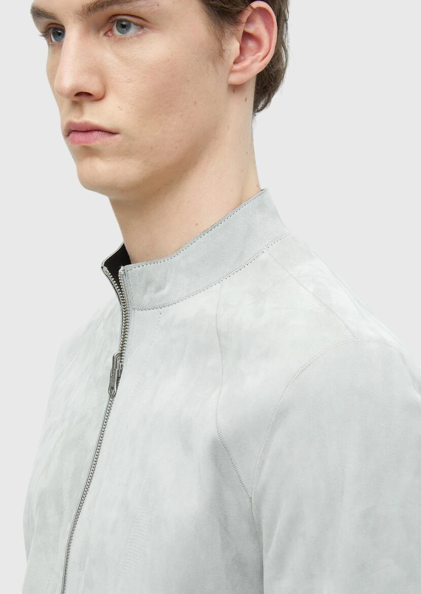 Light Grey Regular Fit Turtleneck Casual Suede Double-Sided Leather Coat - 11