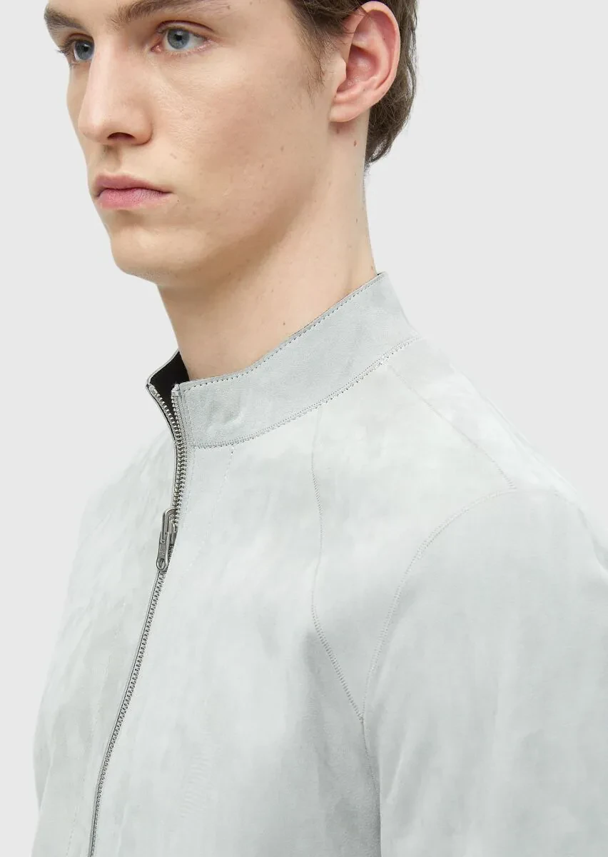 Light Grey Regular Fit Turtleneck Casual Suede Double-Sided Leather Coat - 11