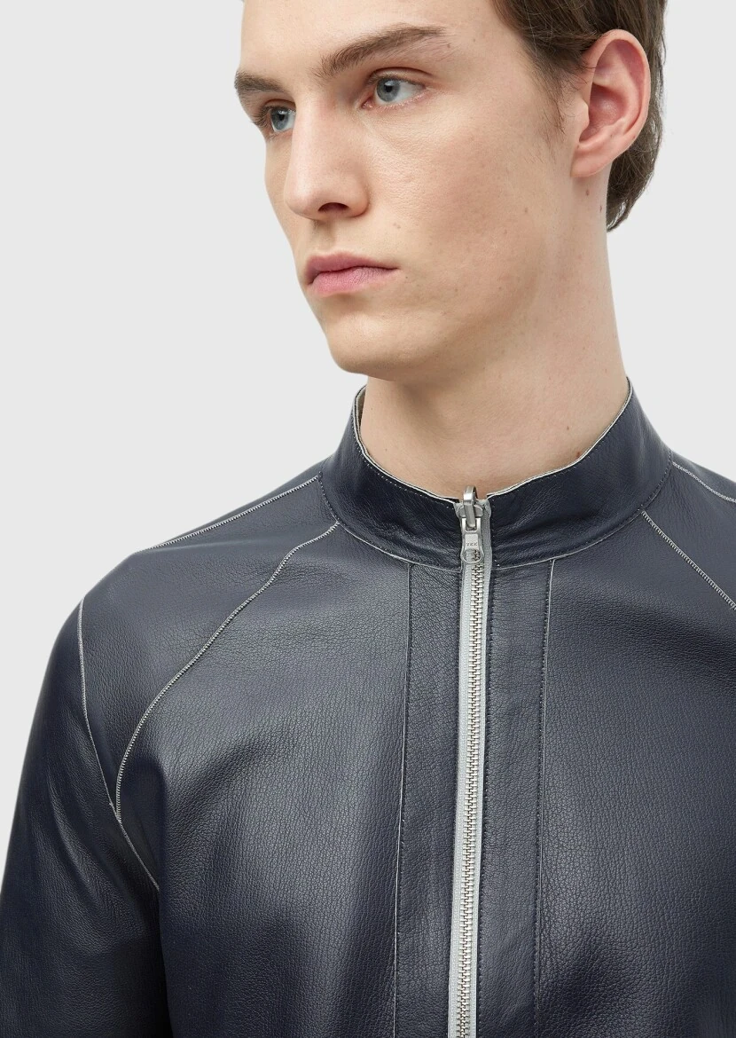 Light Grey Regular Fit Turtleneck Casual Suede Double-Sided Leather Coat - 12