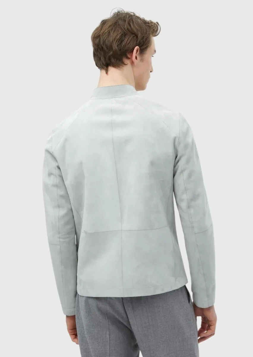 Light Grey Regular Fit Turtleneck Casual Suede Double-Sided Leather Coat - 13