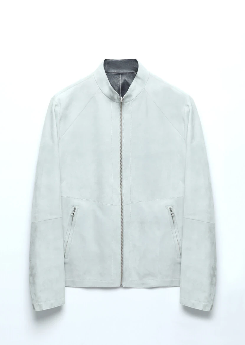 Light Grey Regular Fit Turtleneck Casual Suede Double-Sided Leather Coat - 15