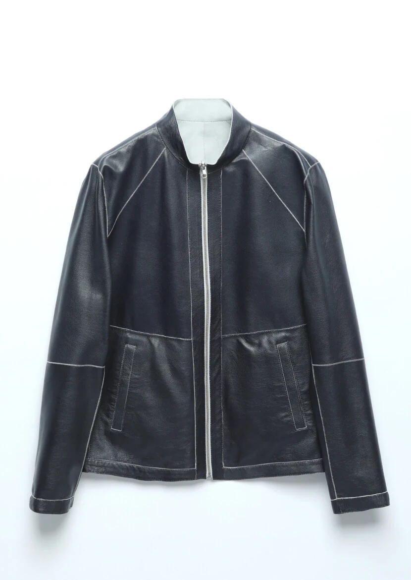 Light Grey Regular Fit Turtleneck Casual Suede Double-Sided Leather Coat - 16