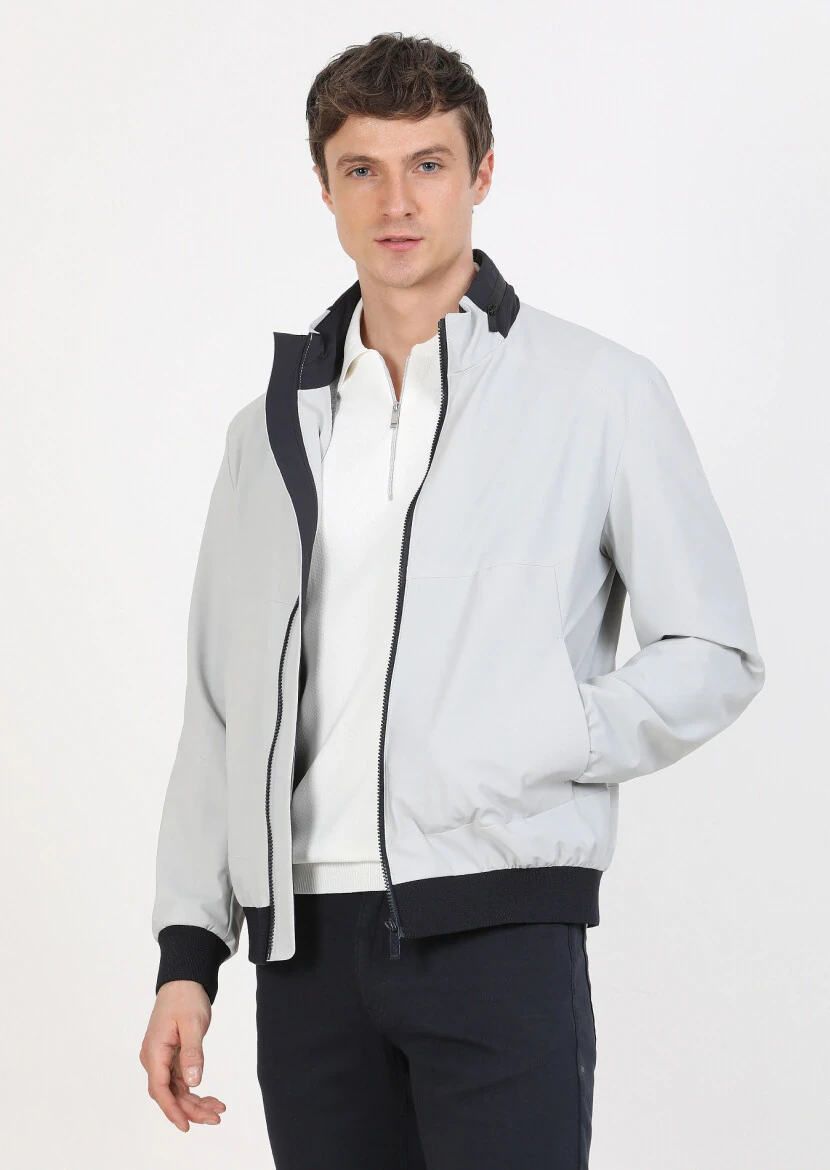 Light Grey Regular Fit Turtleneck Casual Weaving Coat - 2