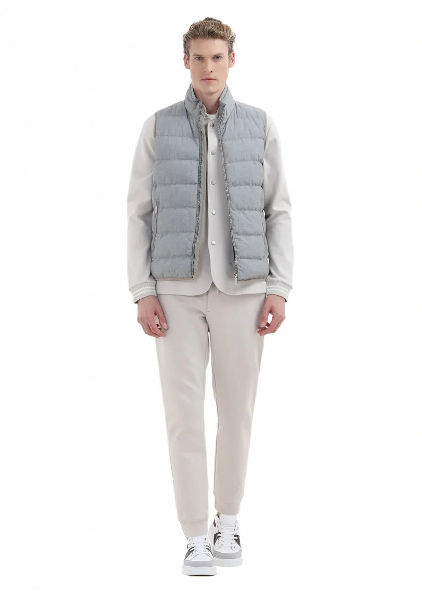 Light Grey Regular Fit Turtleneck Casual Weaving Puffer Vest - 2