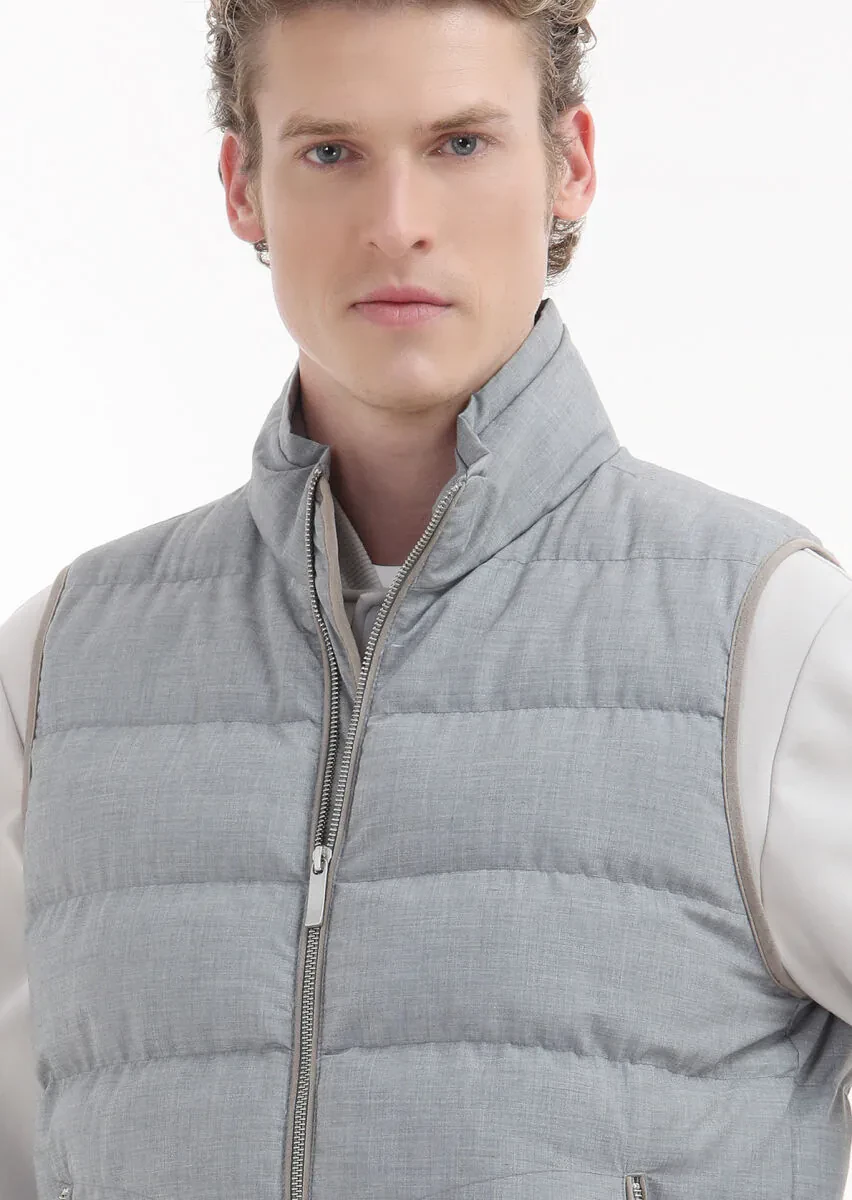 Light Grey Regular Fit Turtleneck Casual Weaving Puffer Vest - 3