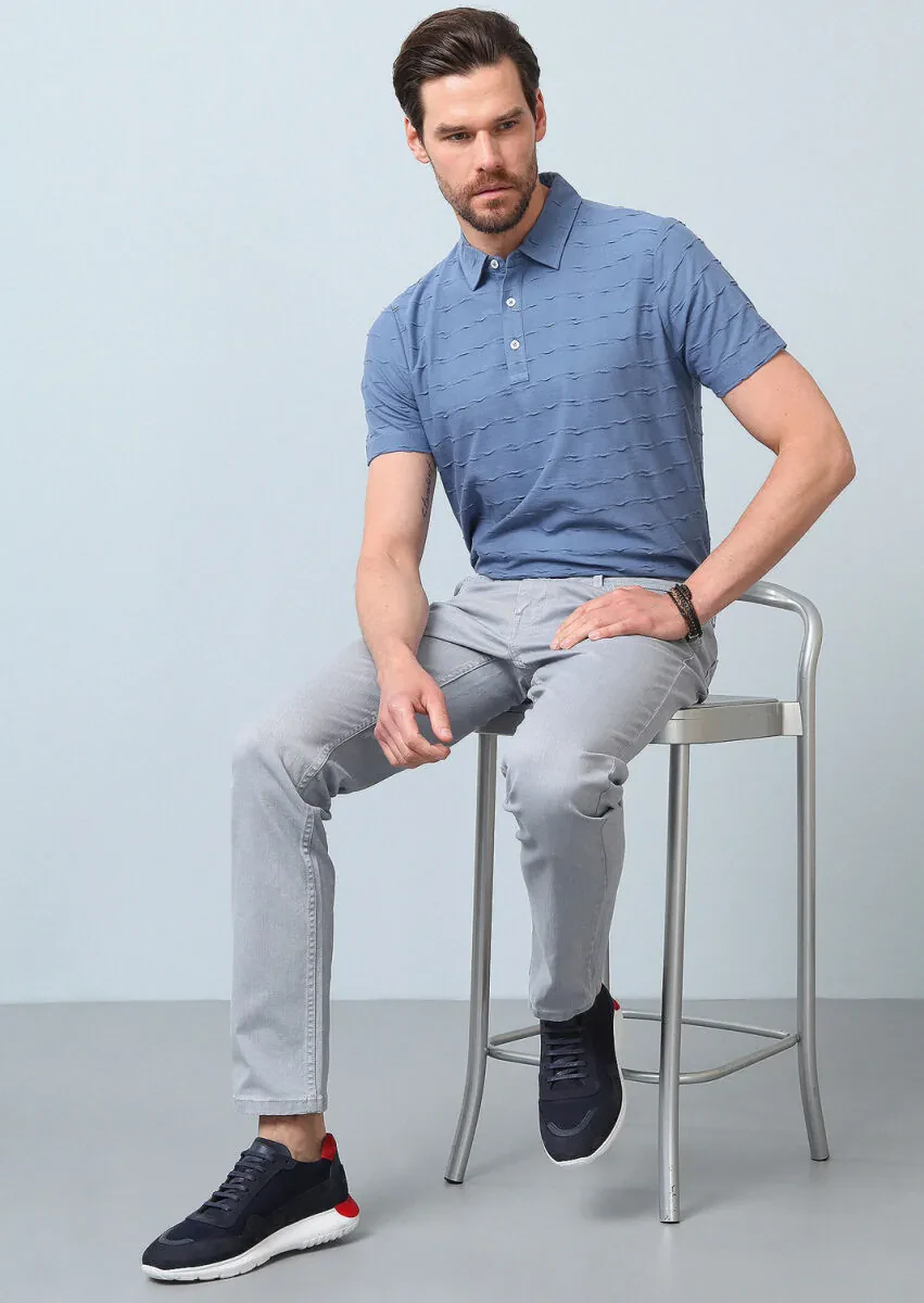 Light Grey Slim Fit Denim Cotton Blended Trousers - 1