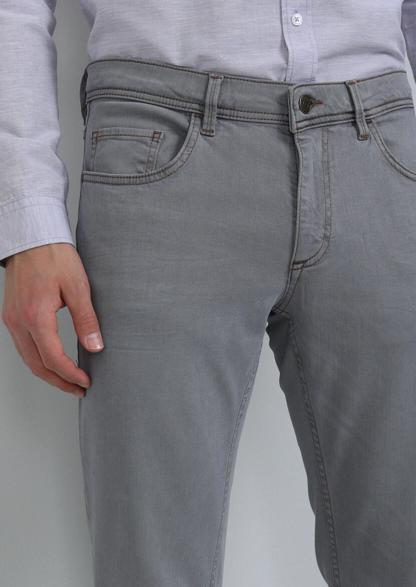 Light Grey Slim Fit Denim Cotton Blended Trousers 