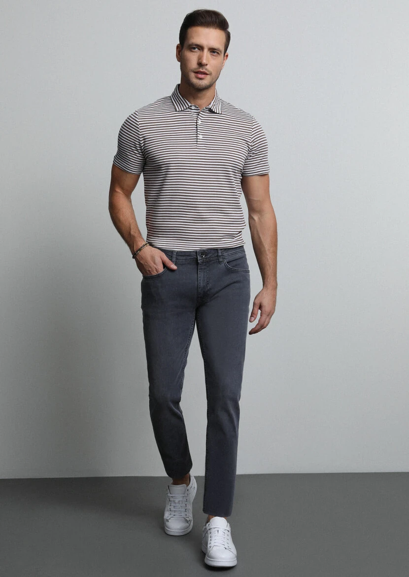 Light Grey Slim Fit Denim Cotton Blended Trousers - 1