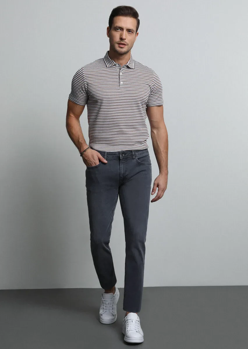 Light Grey Slim Fit Denim Cotton Blended Trousers - 1
