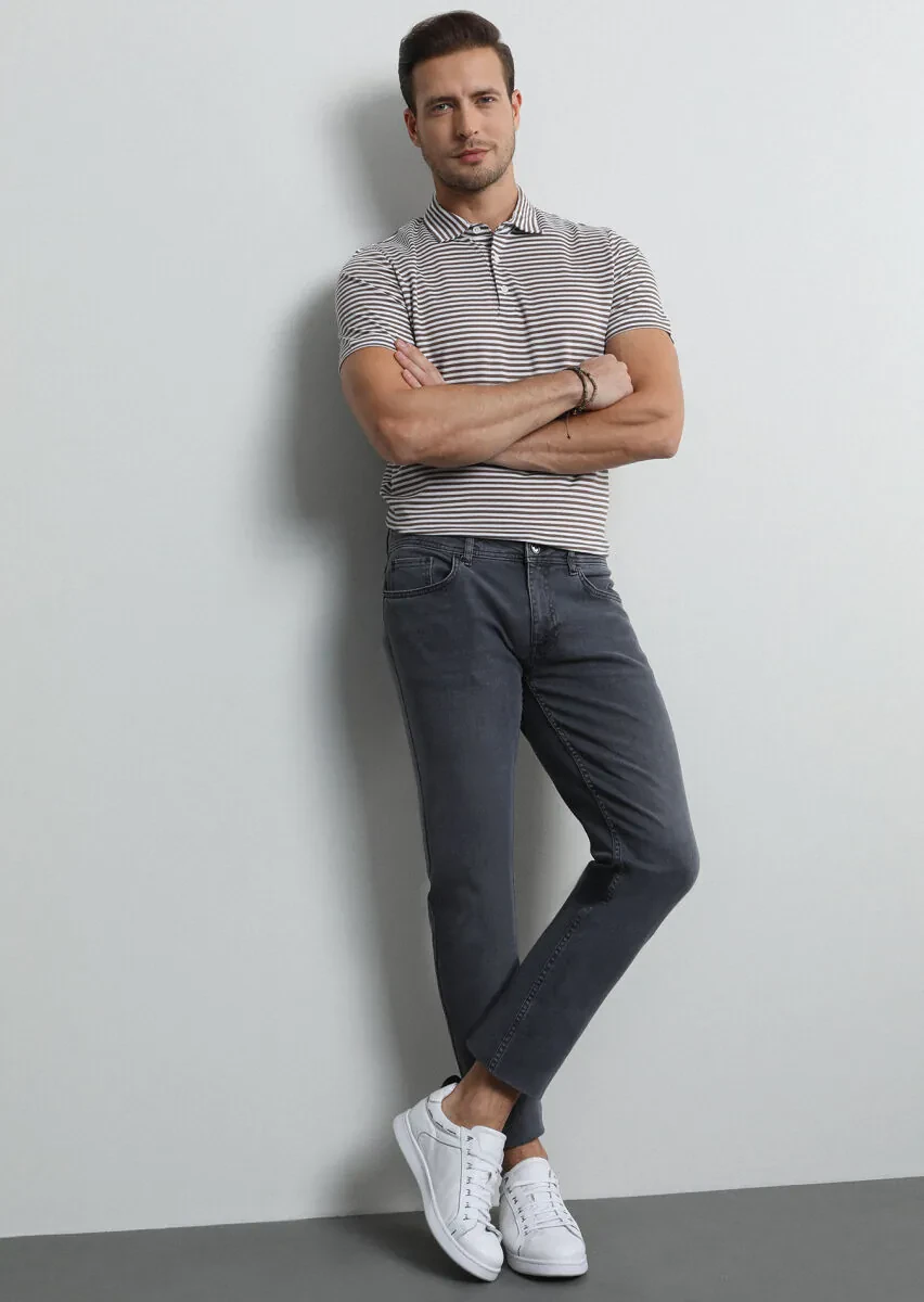 Light Grey Slim Fit Denim Cotton Blended Trousers - 3