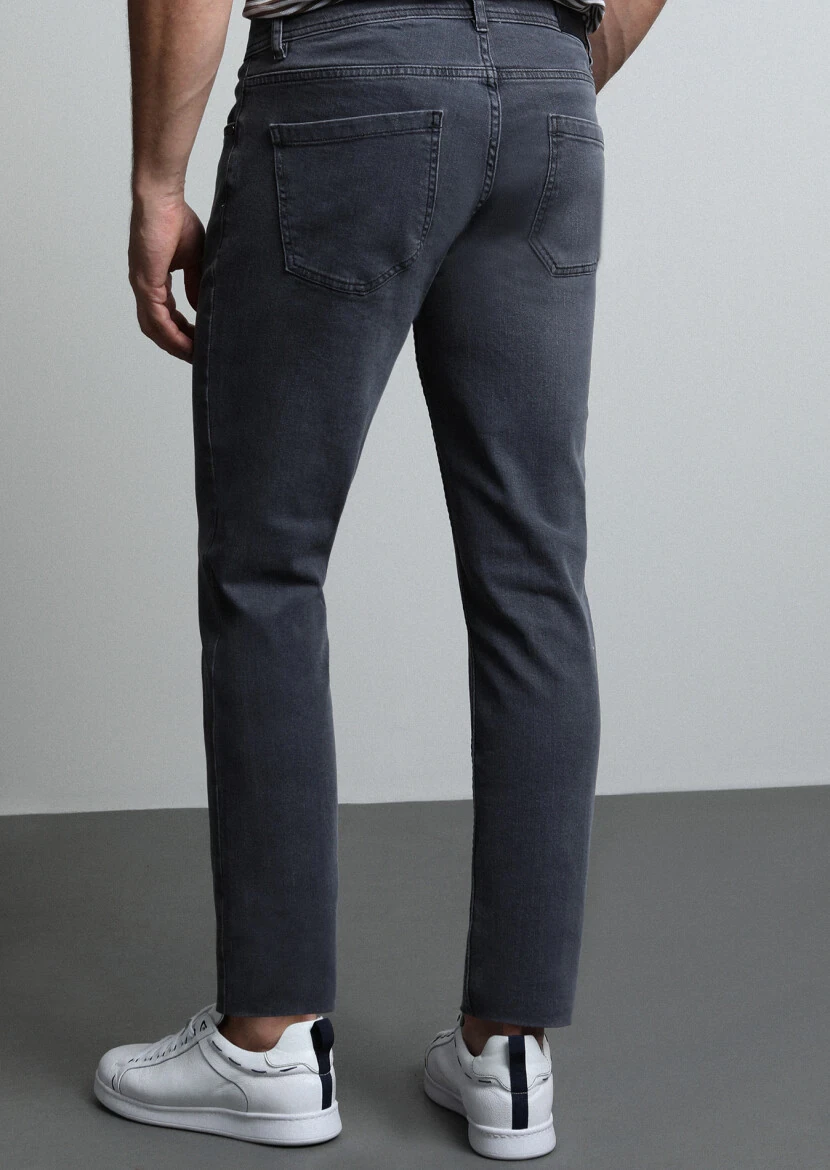Light Grey Slim Fit Denim Cotton Blended Trousers - 5