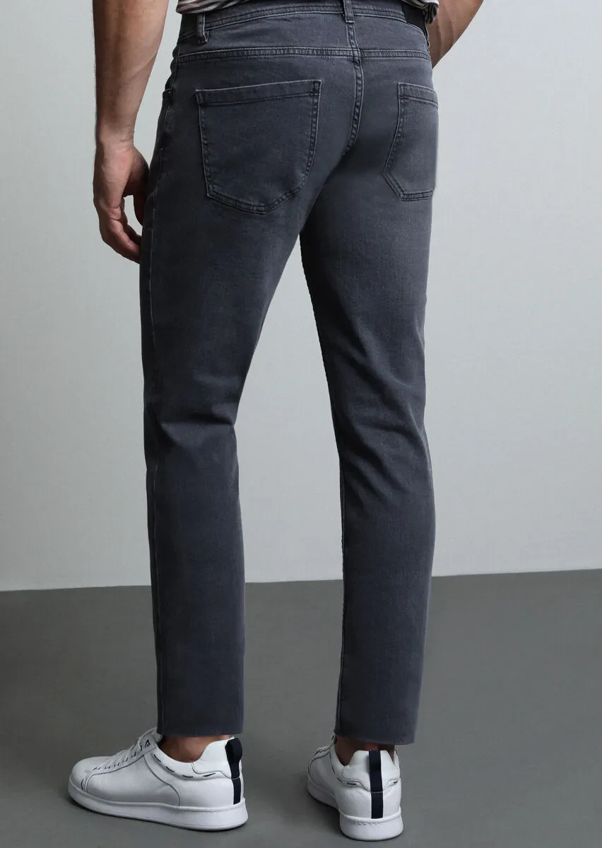Light Grey Slim Fit Denim Cotton Blended Trousers - 5
