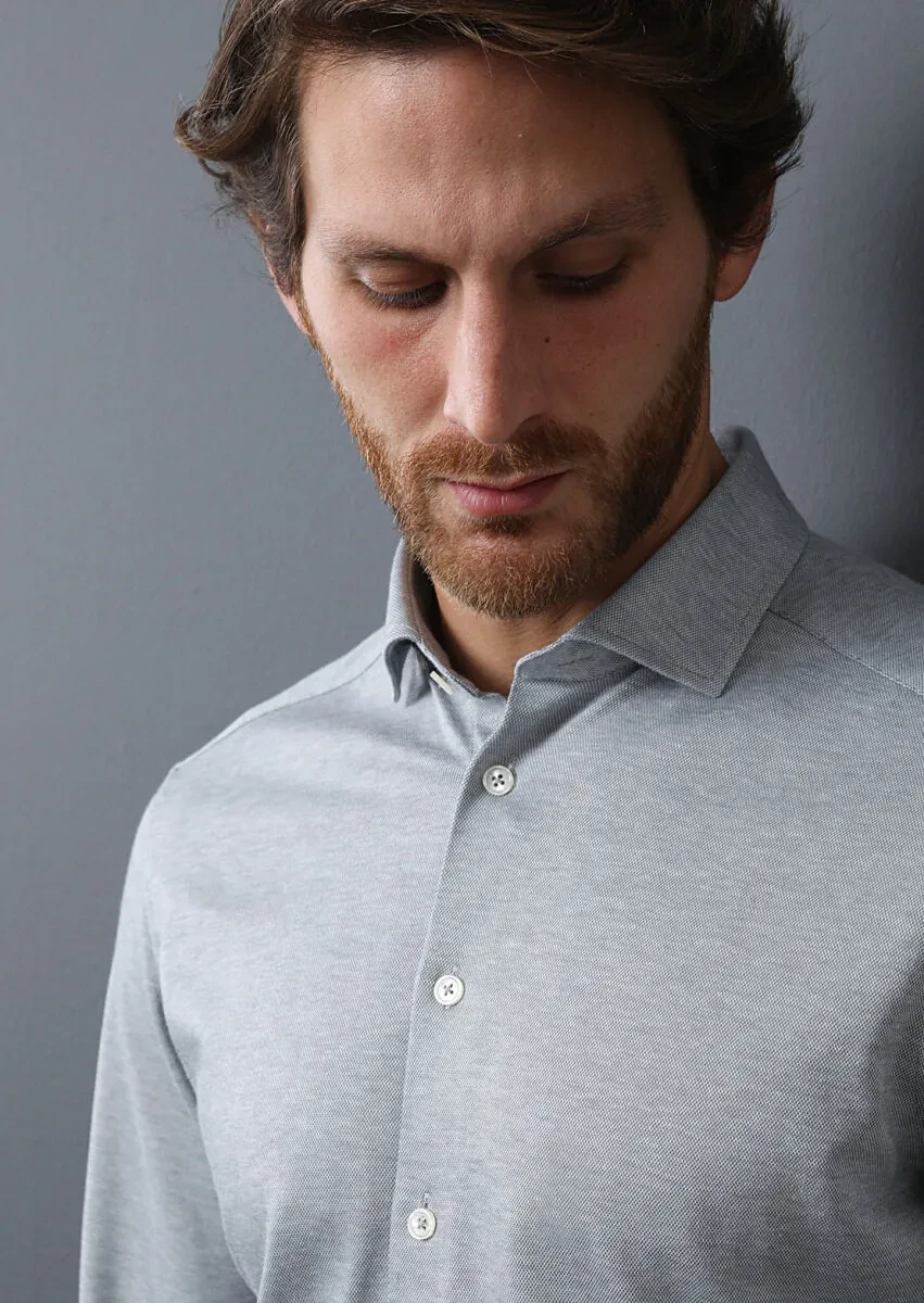 Light Grey Slim Fit Knitting Casual 100% Cotton Shirt - 1