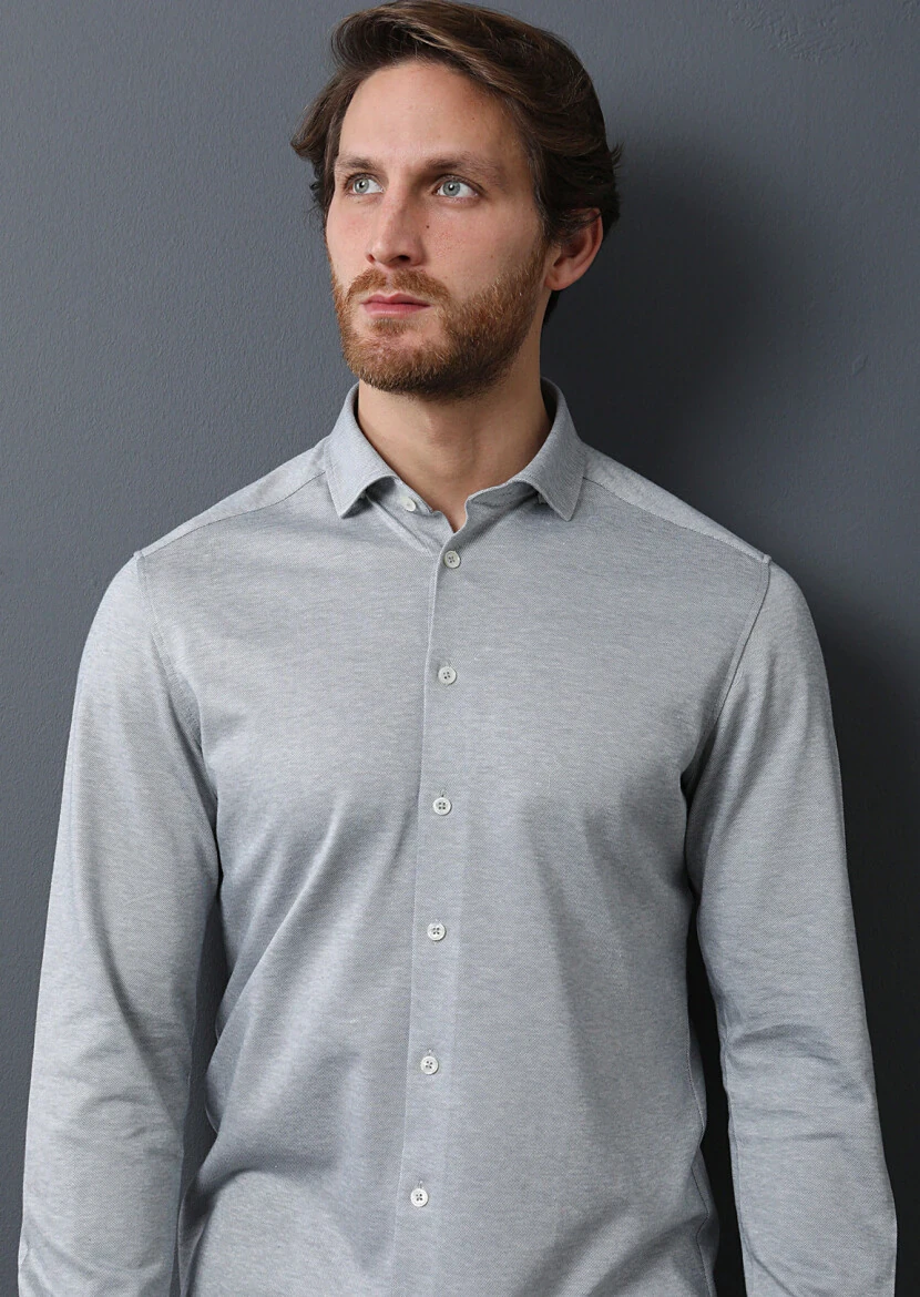Light Grey Slim Fit Knitting Casual 100% Cotton Shirt - 3