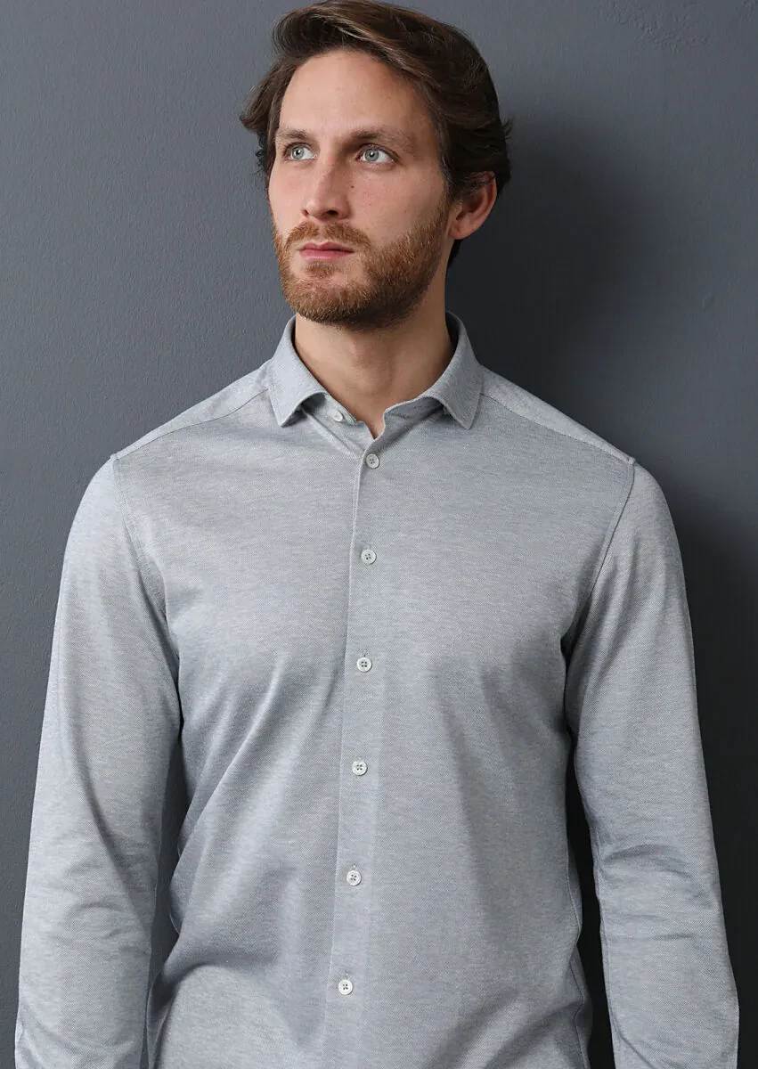 Light Grey Slim Fit Knitting Casual 100% Cotton Shirt - 3