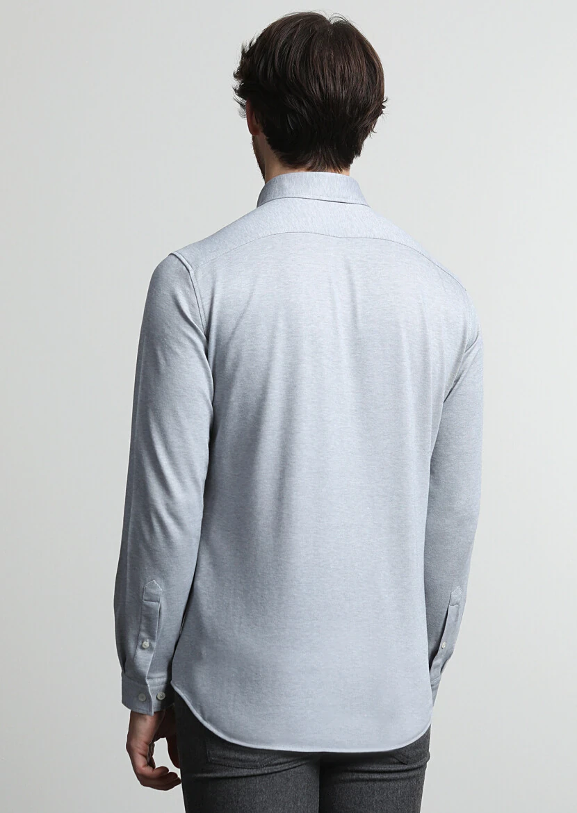 Light Grey Slim Fit Knitting Casual 100% Cotton Shirt - 4