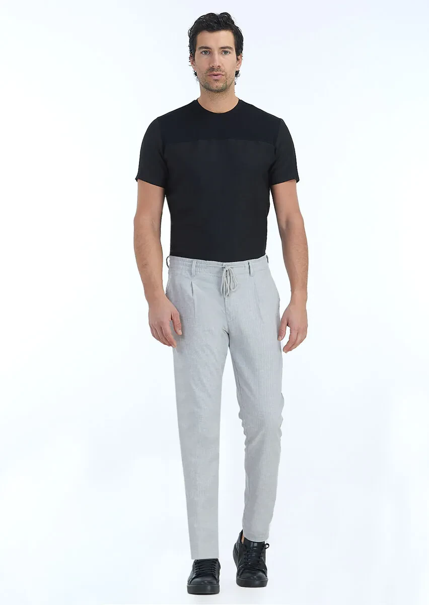 Light Grey Weaving Jogging Fit Casual Cotton Blended Trousers - 1