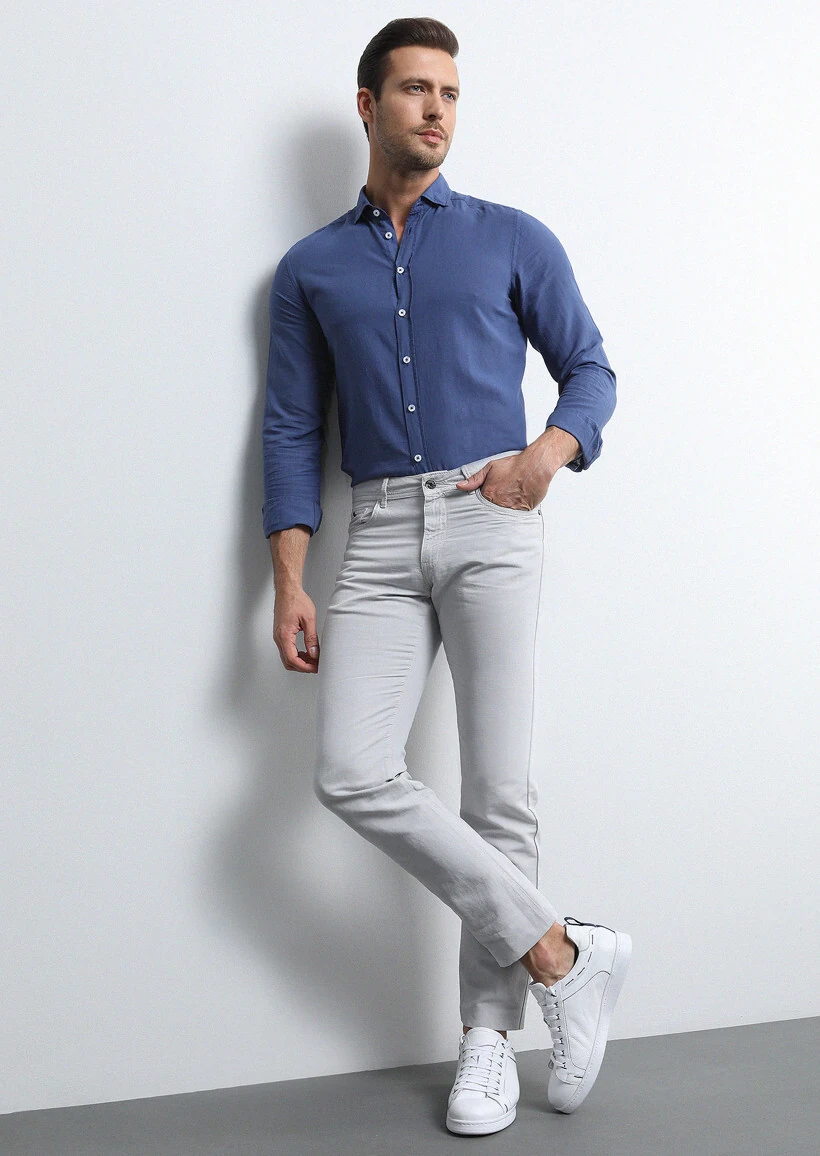 Light Grey Weaving Slim Fit Casual Cotton Blended Trousers - 3