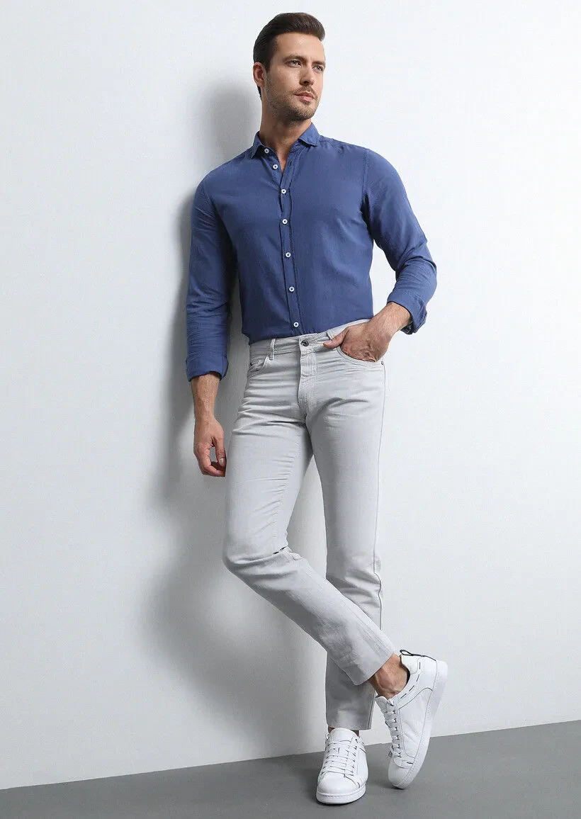 Light Grey Weaving Slim Fit Casual Cotton Blended Trousers - 3