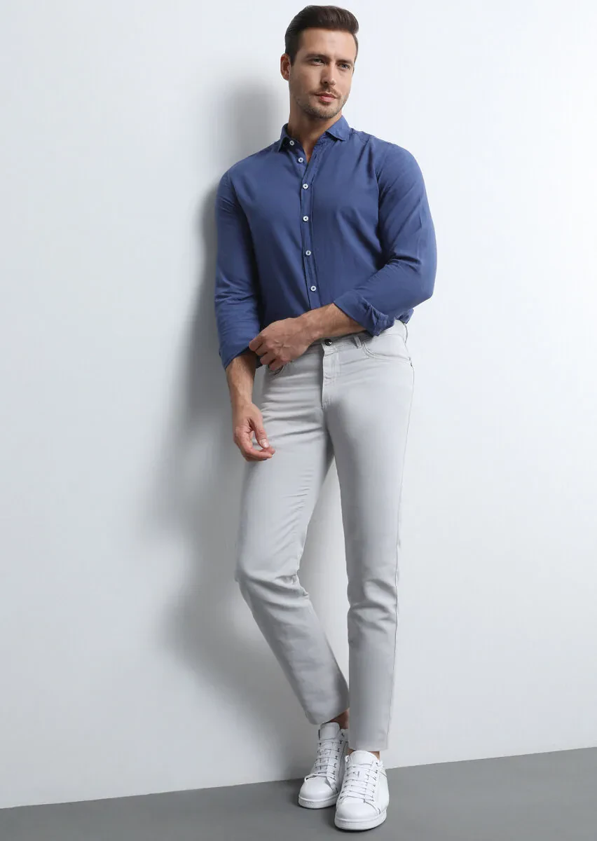 Light Grey Weaving Slim Fit Casual Cotton Blended Trousers - 4