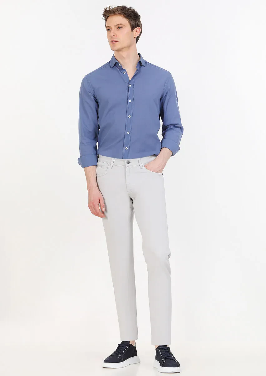 Light Grey Weaving Slim Fit Casual Cotton Blended Trousers - 1