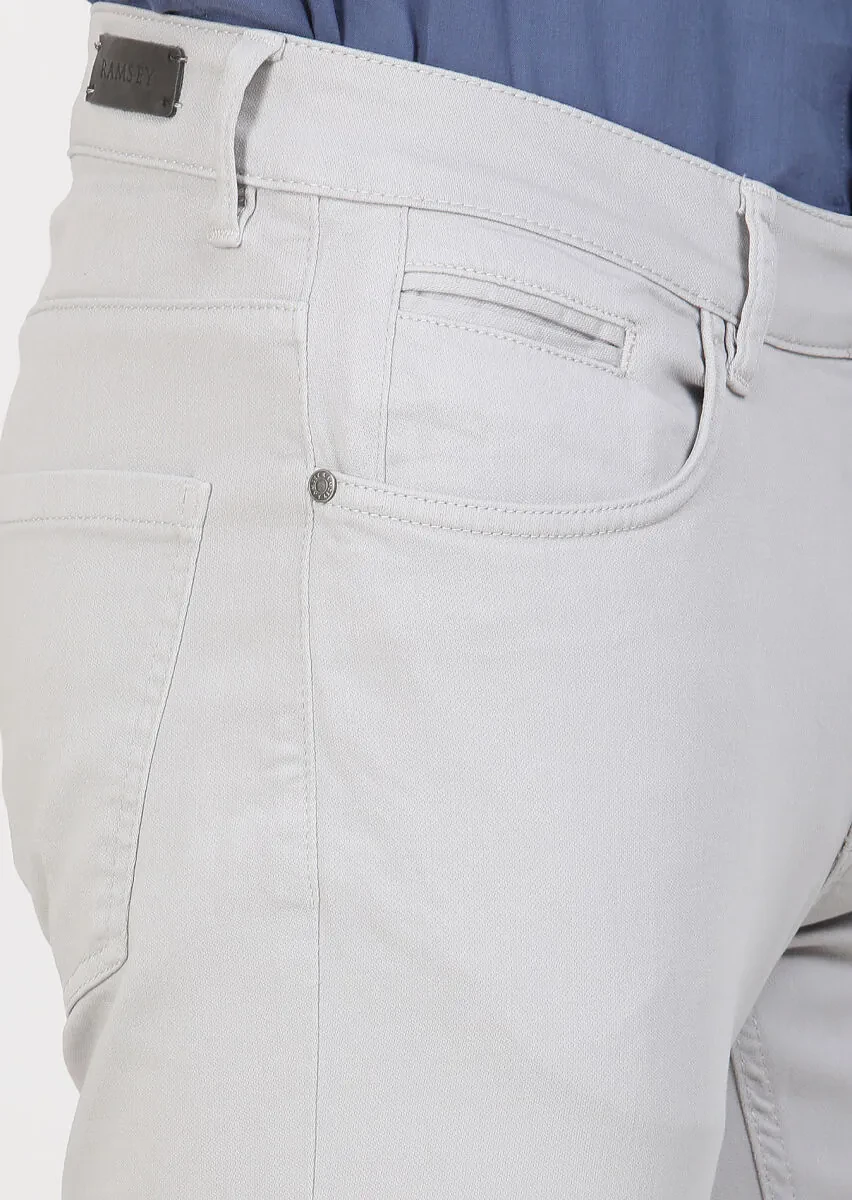 Light Grey Weaving Slim Fit Casual Cotton Blended Trousers - 3