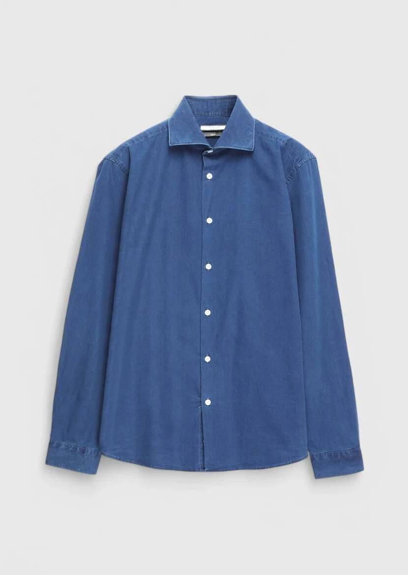 Light Indigo Plain Casual Fit Weaving Casual 100% Cotton Shirt - 6