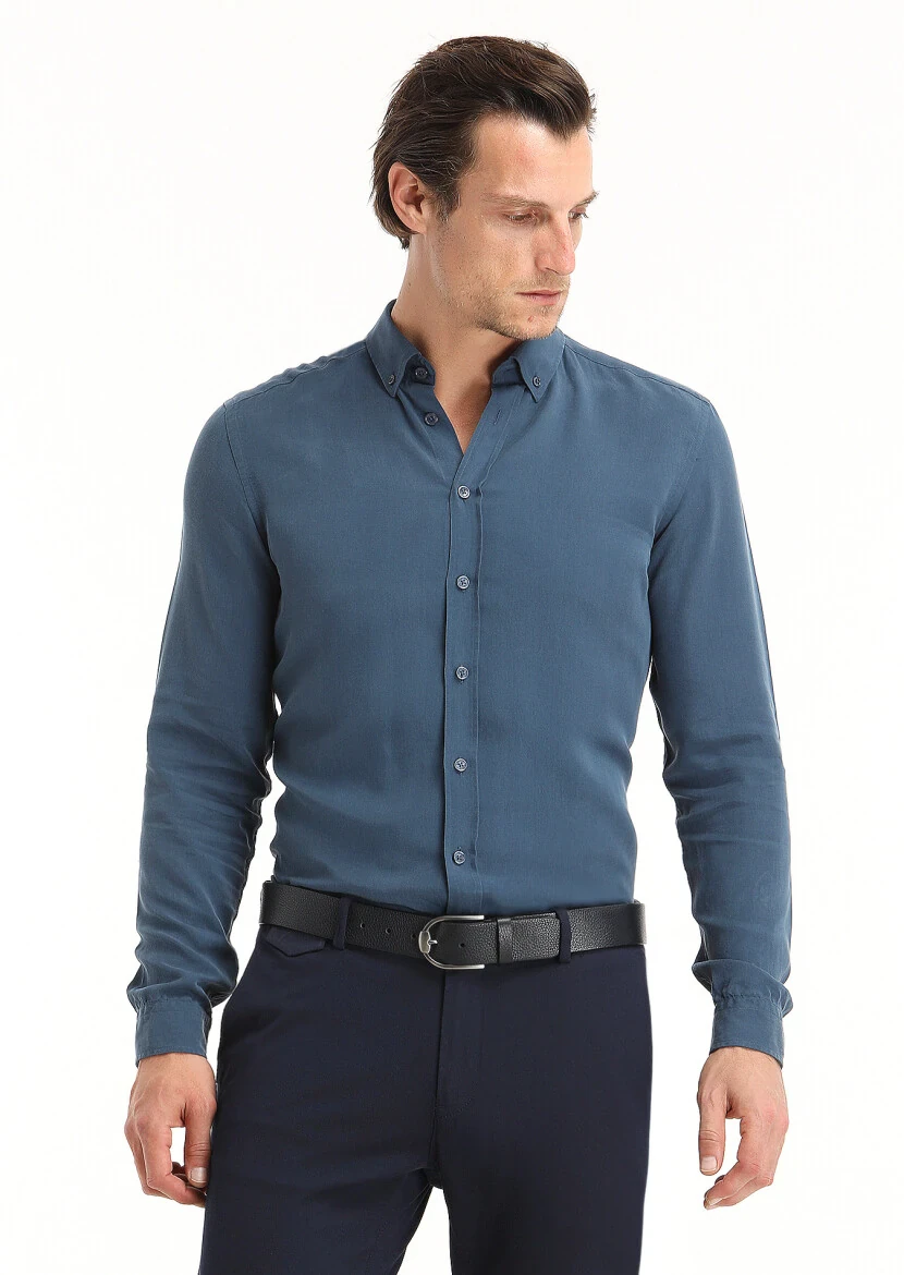 Light Indigo Plain Regular Fit Weaving Casual Shirt - 2