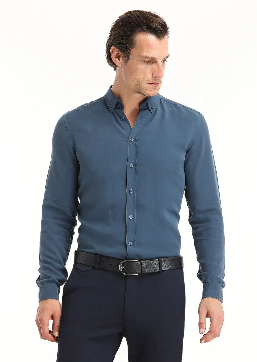 Light Indigo Plain Regular Fit Weaving Casual Shirt - 2