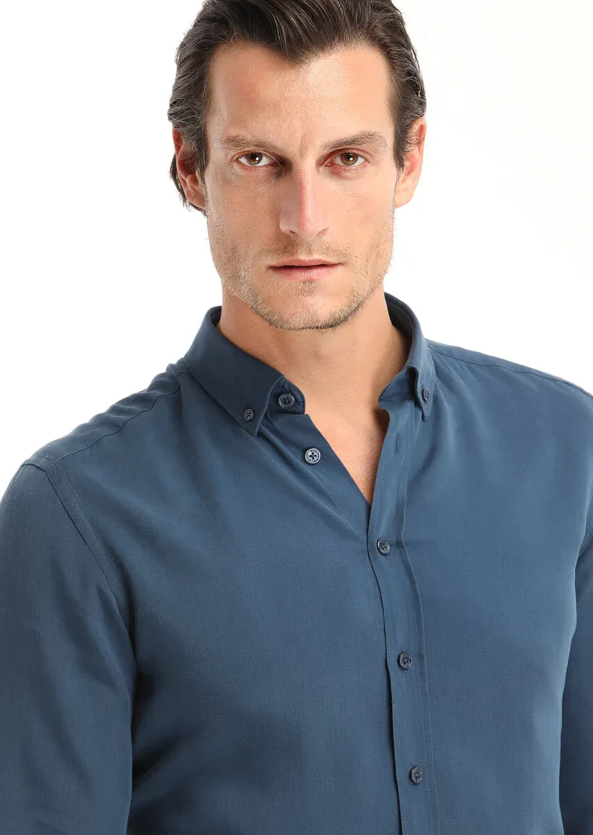 Light Indigo Plain Regular Fit Weaving Casual Shirt - 3