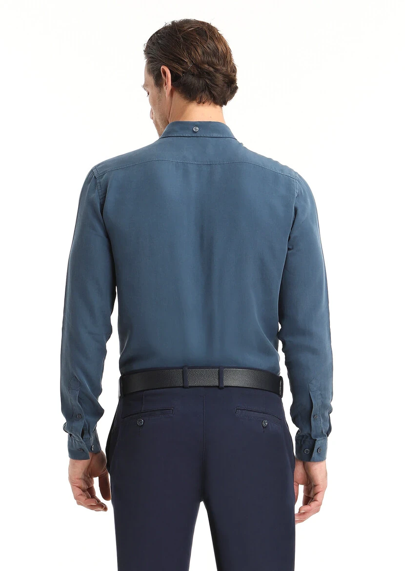 Light Indigo Plain Regular Fit Weaving Casual Shirt - 4