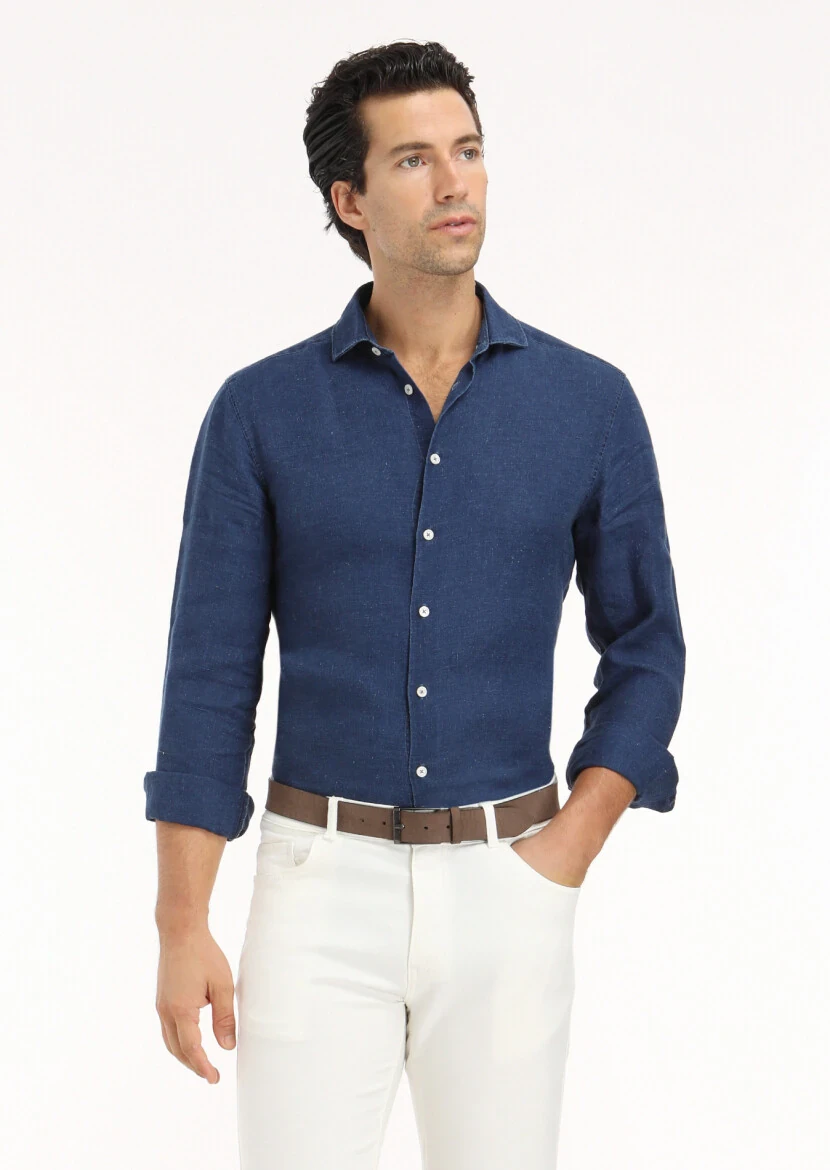 Light Indigo Plain Regular Fit Weaving Casual Shirt - 3