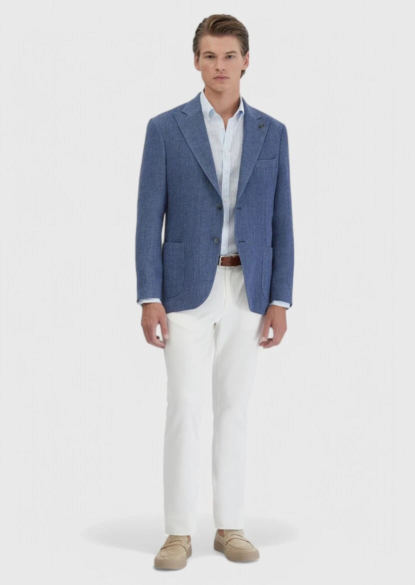 Light Indigo Plain Shirt Shoulder Slim Fit Linen Blended Jacket - RAMSEY