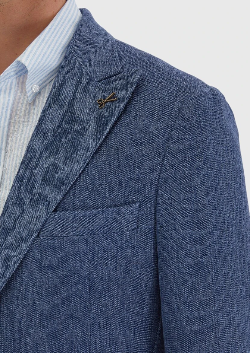 Light Indigo Plain Shirt Shoulder Slim Fit Linen Blended Jacket - 5