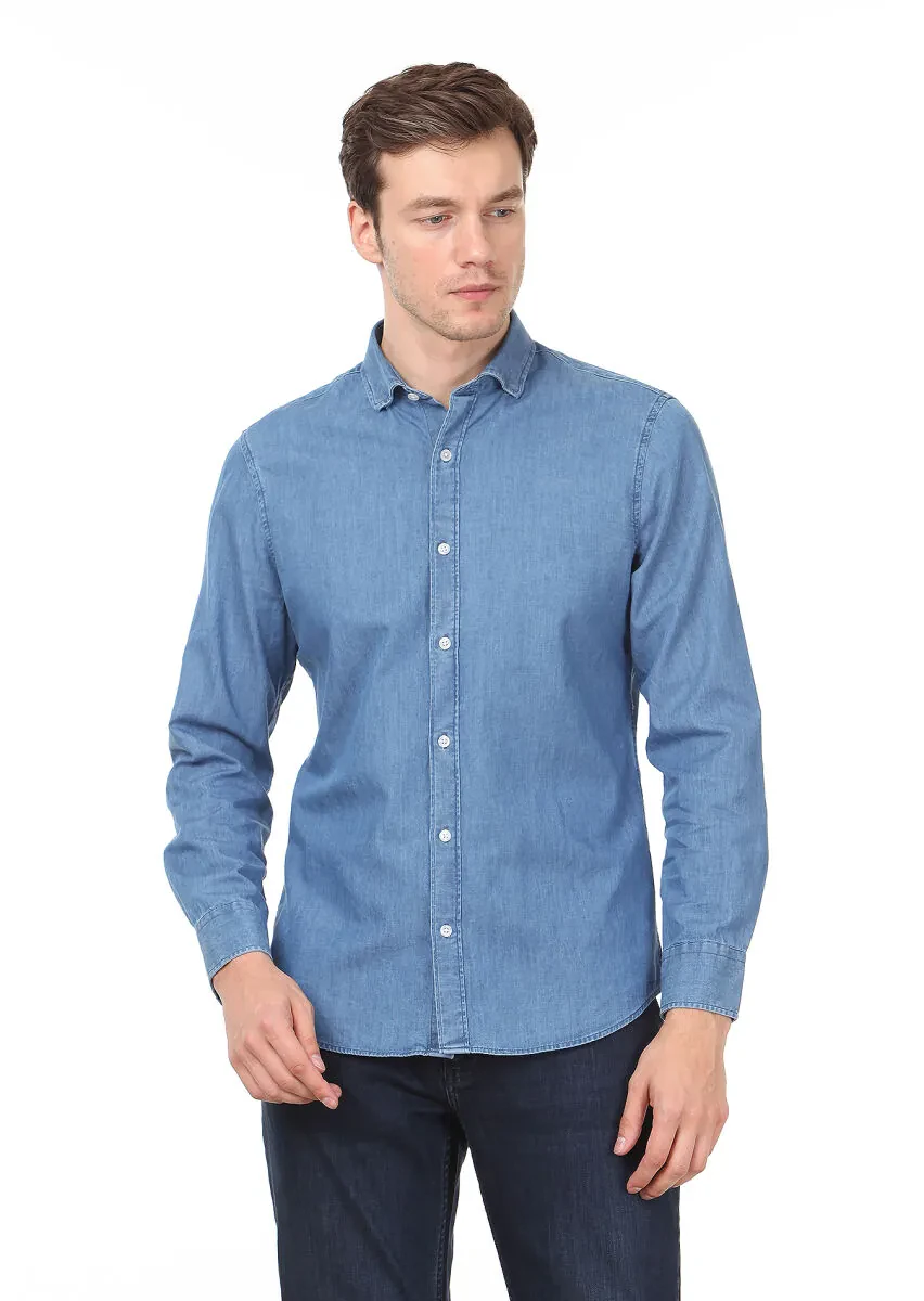 Light Indigo Plain Slim Fit Weaving Denim 100% Cotton Shirt - 1