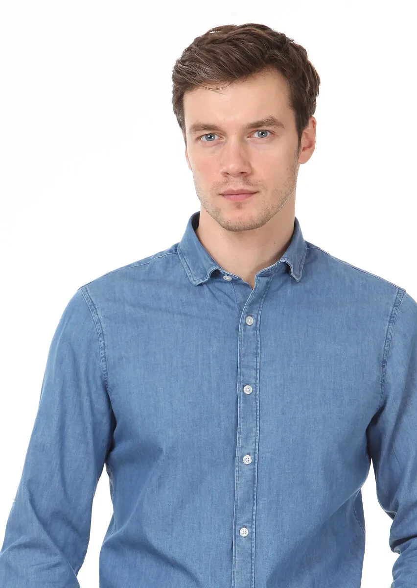 Light Indigo Plain Slim Fit Weaving Denim 100% Cotton Shirt - 2