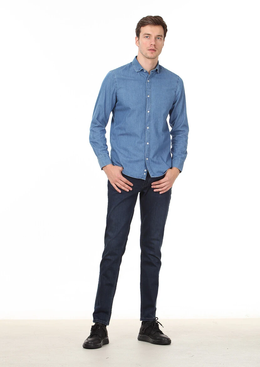 Light Indigo Plain Slim Fit Weaving Denim 100% Cotton Shirt - 3
