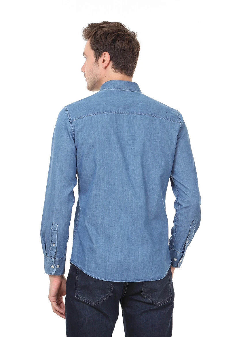 Light Indigo Plain Slim Fit Weaving Denim 100% Cotton Shirt - 4
