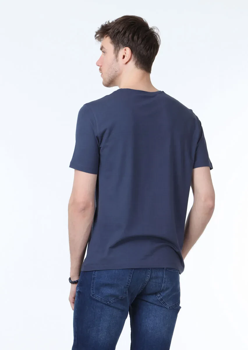 Light Indigo Plain V-Neck Cotton Blended T-Shirt - 4