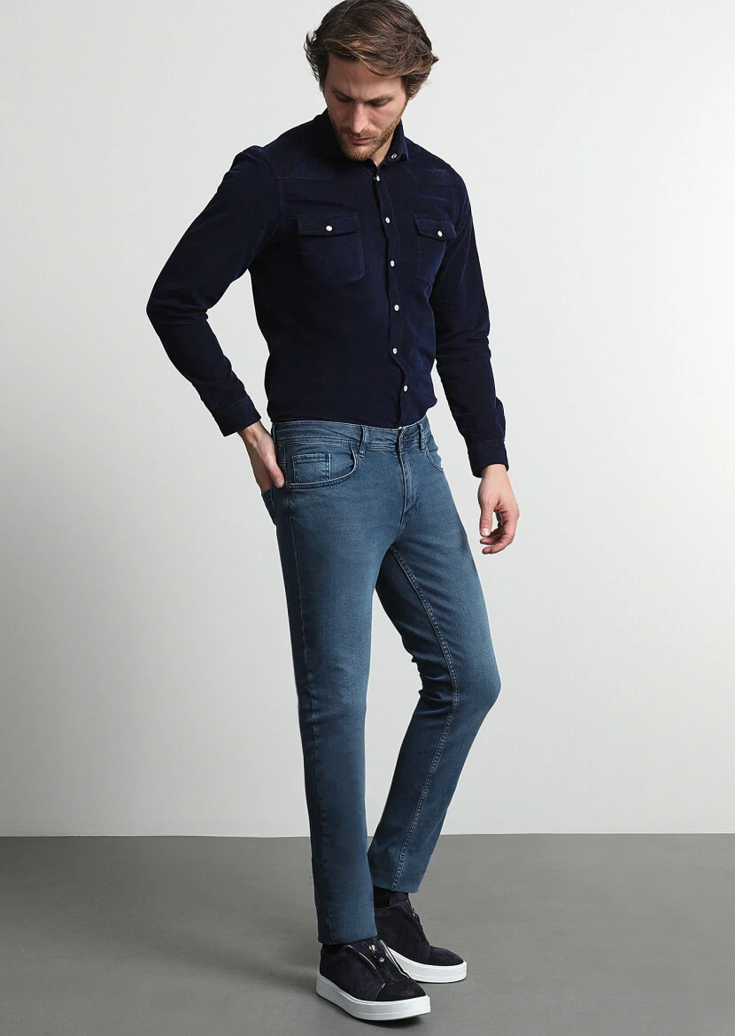 Light Indigo Slim Fit Denim Cotton Blended Trousers - 1
