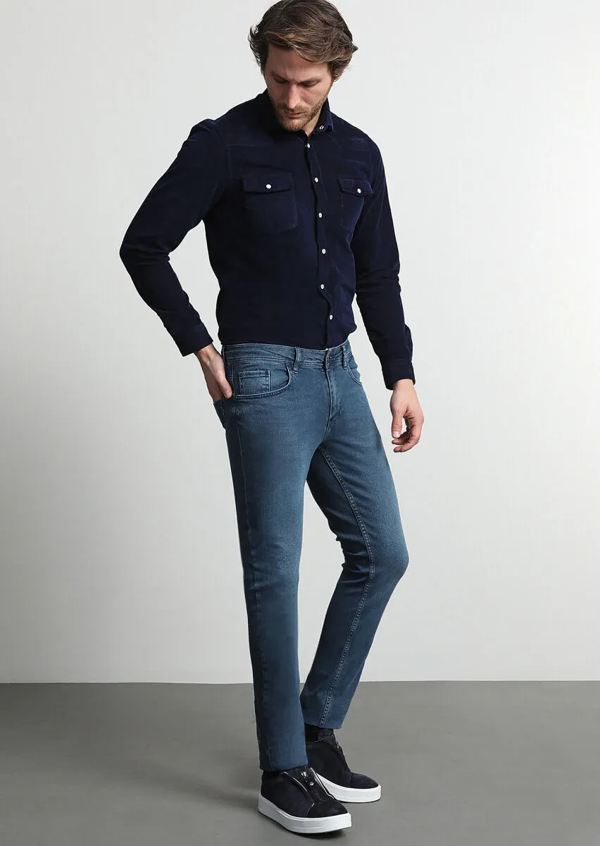 Light Indigo Slim Fit Denim Cotton Blended Trousers - 1