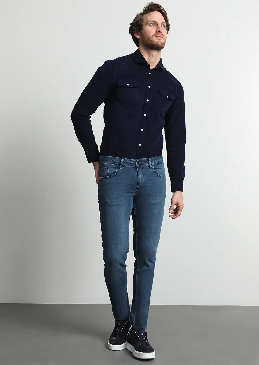 Light Indigo Slim Fit Denim Cotton Blended Trousers - 3