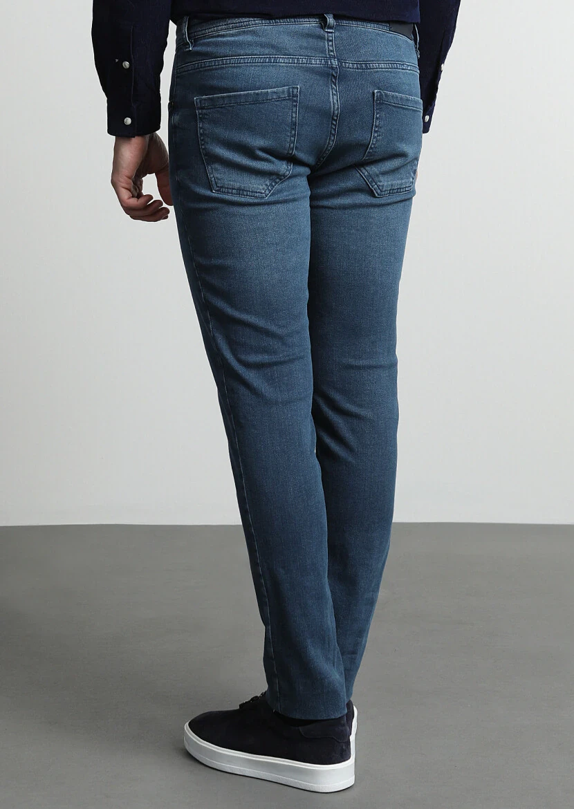 Light Indigo Slim Fit Denim Cotton Blended Trousers - 4