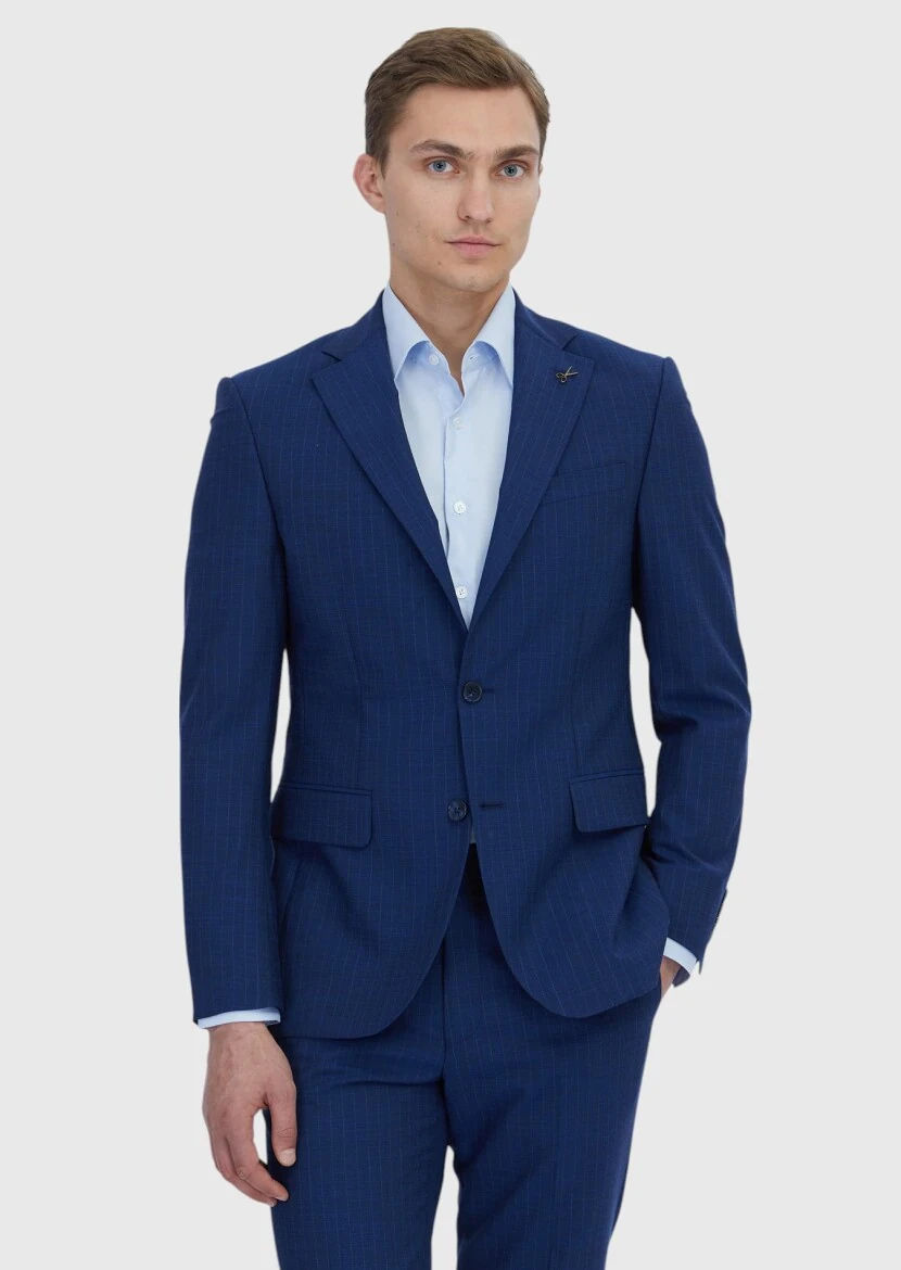 Light Indigo Striped Modern Fit Wool Blended Suit - RAMSEY